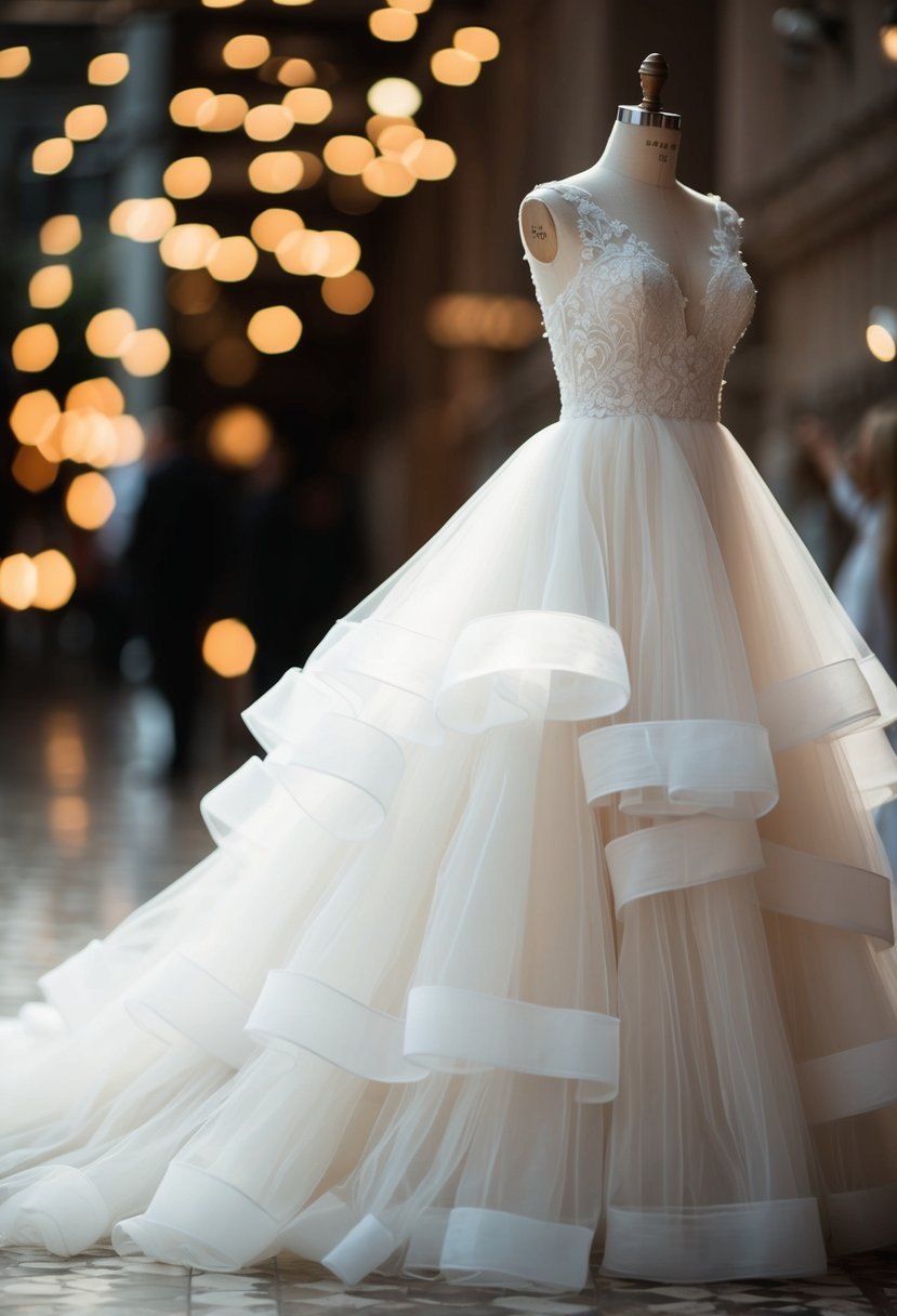 A flowing, layered tulle wedding dress on a mannequin