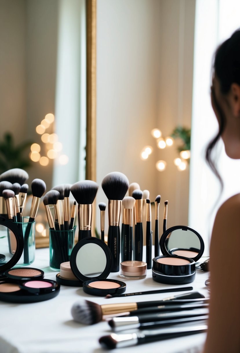 A table with various makeup products and brushes arranged neatly, with a mirror and soft lighting, ready for a wedding makeup session