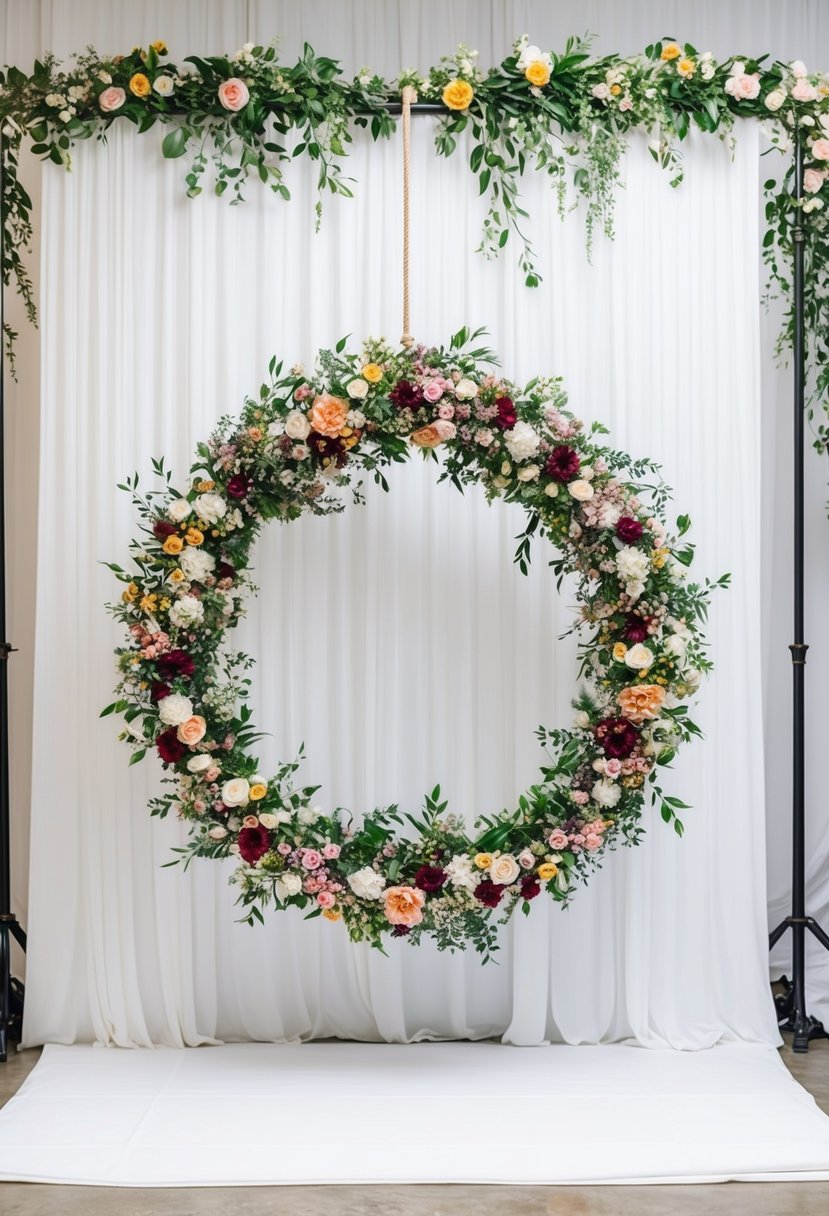 A large floral hoop suspended against a white backdrop, adorned with an array of colorful flowers and greenery, creating a romantic and elegant wedding decor