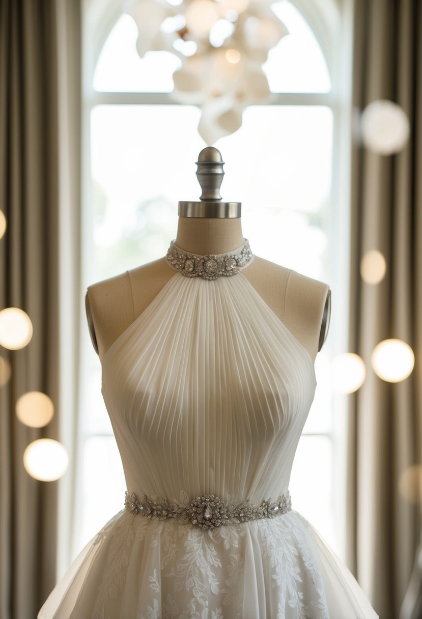 A mannequin adorned in a high-neck, grace classy wedding dress, surrounded by soft lighting and elegant decor