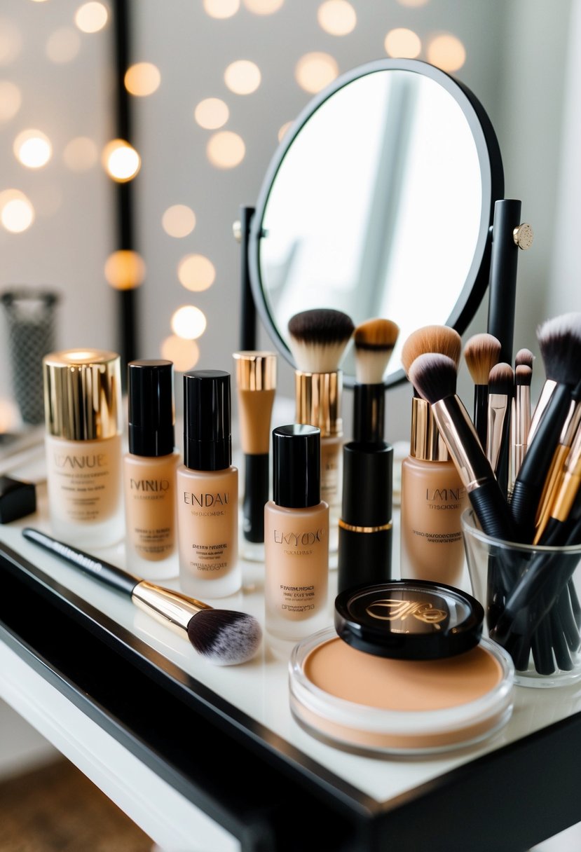 A bride's makeup table with a variety of long-lasting foundation options, brushes, and a mirror