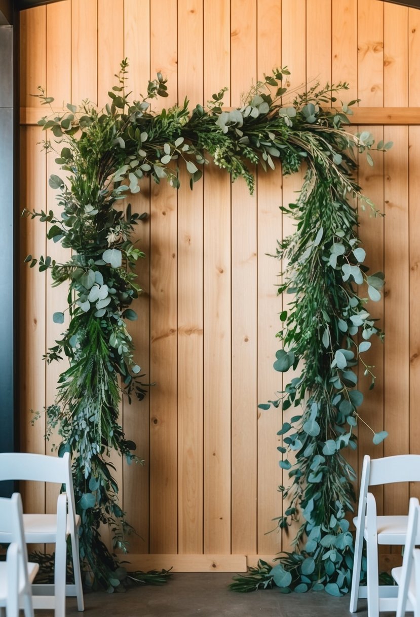 A wooden wall adorned with a lush garland of eucalyptus branches, creating a beautiful and natural backdrop for a wedding ceremony