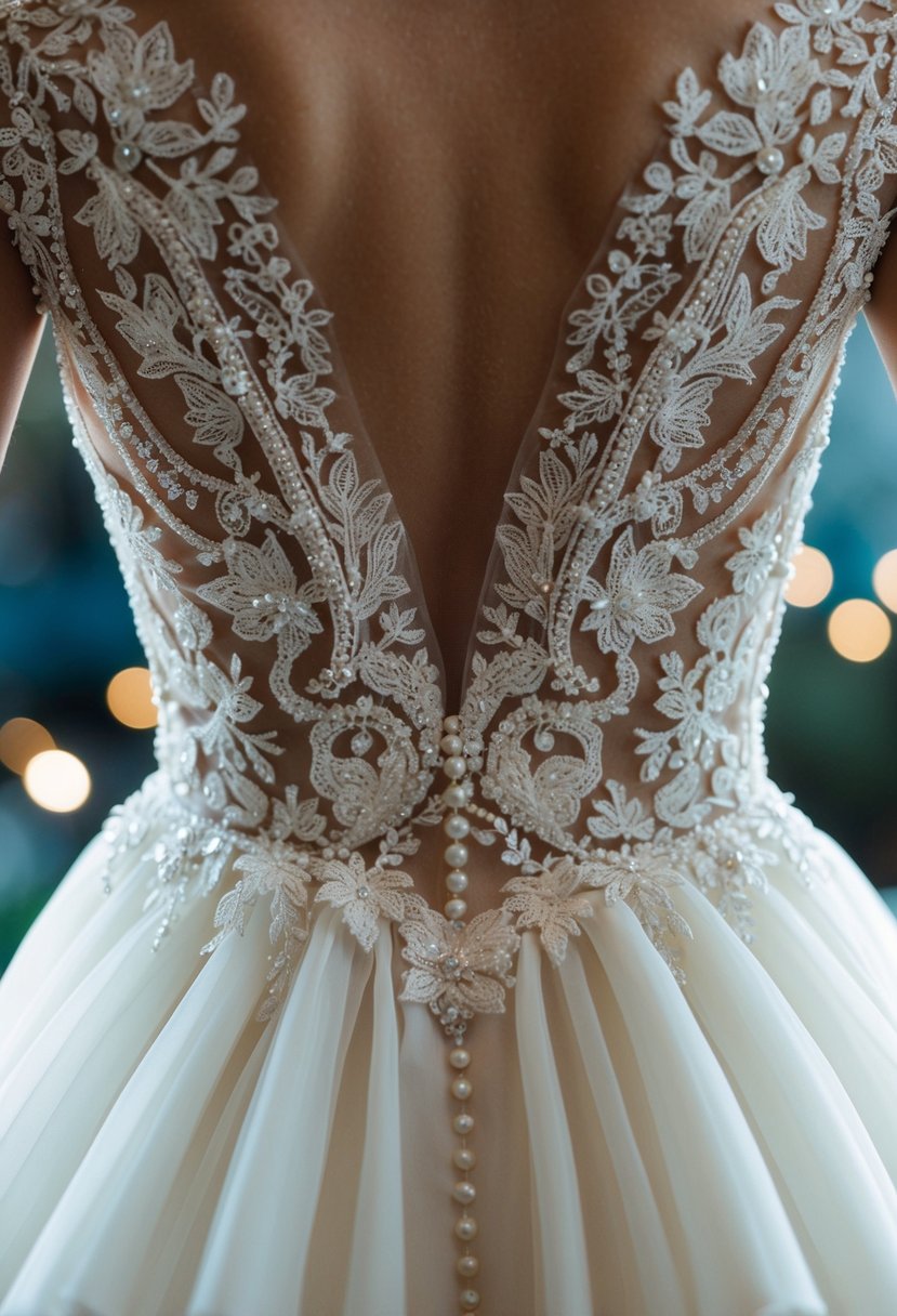 A close-up of intricate lace and beading on the back of a flowing, elegant wedding gown