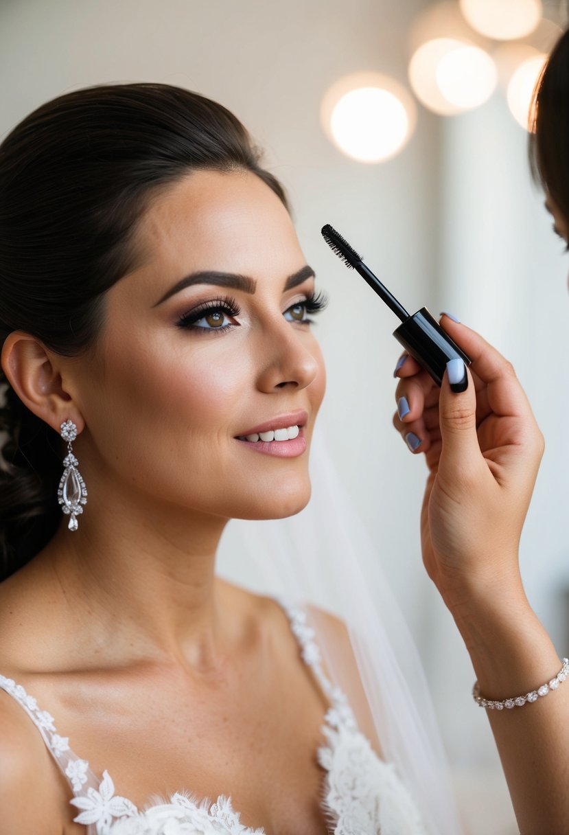 A bride applying waterproof mascara with a steady hand for her wedding makeup