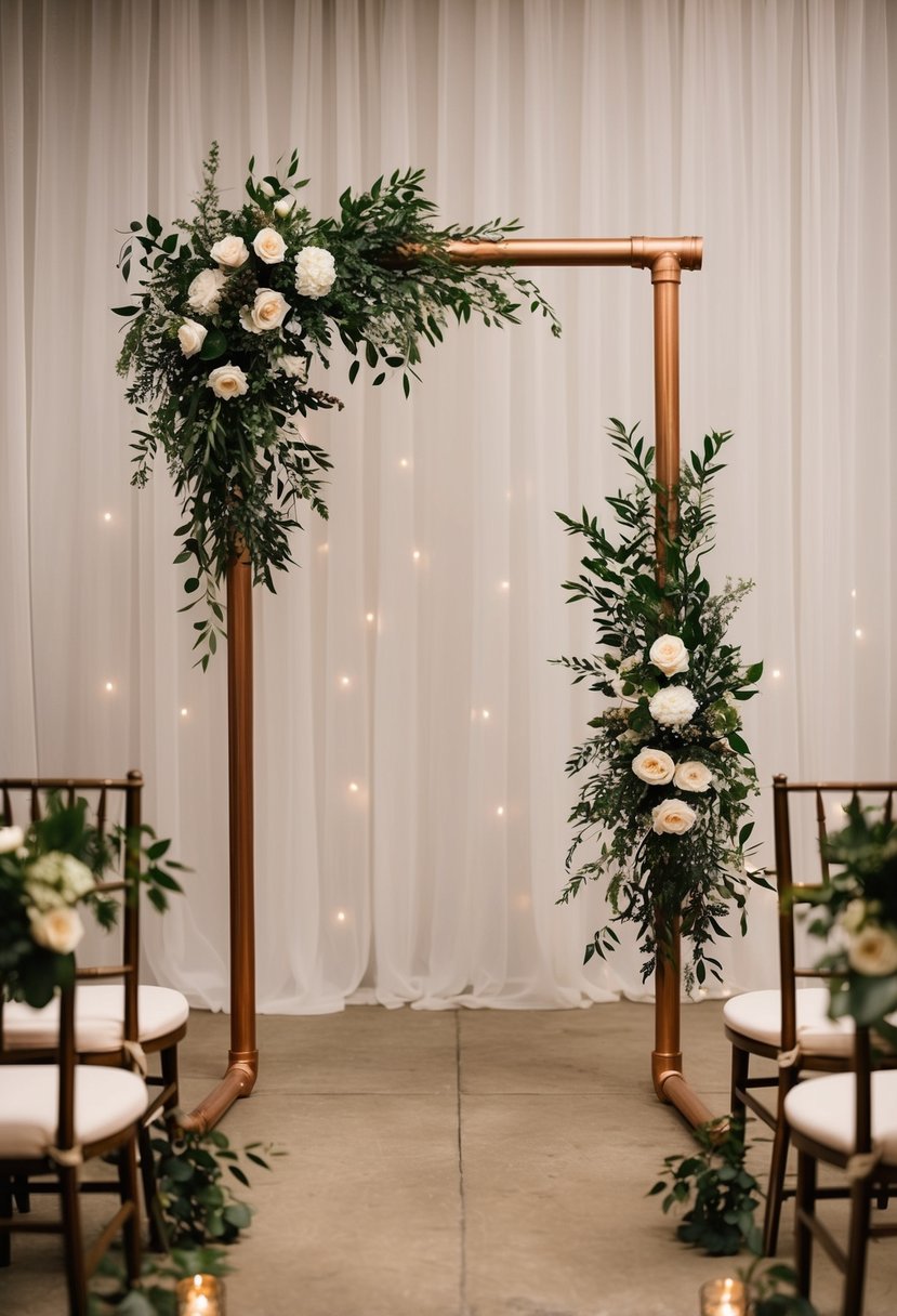 A rustic wedding backdrop made of copper pipes forms an elegant archway, adorned with greenery and flowers