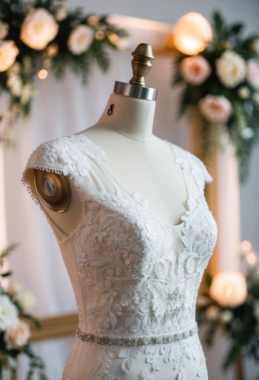 A mannequin wearing a refined cap sleeve wedding dress, with intricate lace and elegant details, set against a backdrop of soft lighting and floral accents