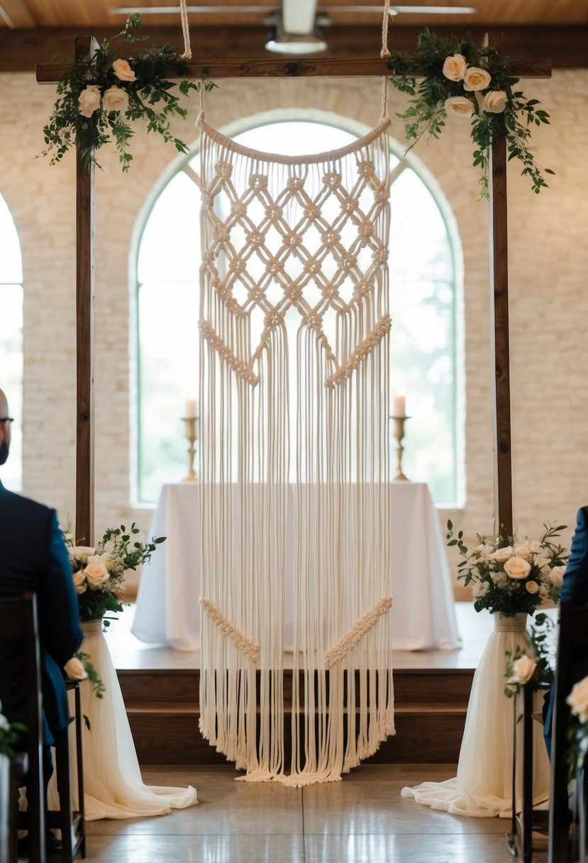 A macramé hanging backdrop frames a wedding altar, adorned with delicate knots and trailing fringe