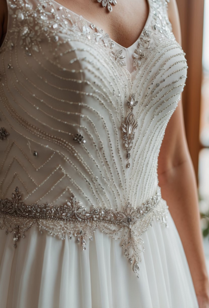 A close-up of a wedding dress with intricate beading and delicate details