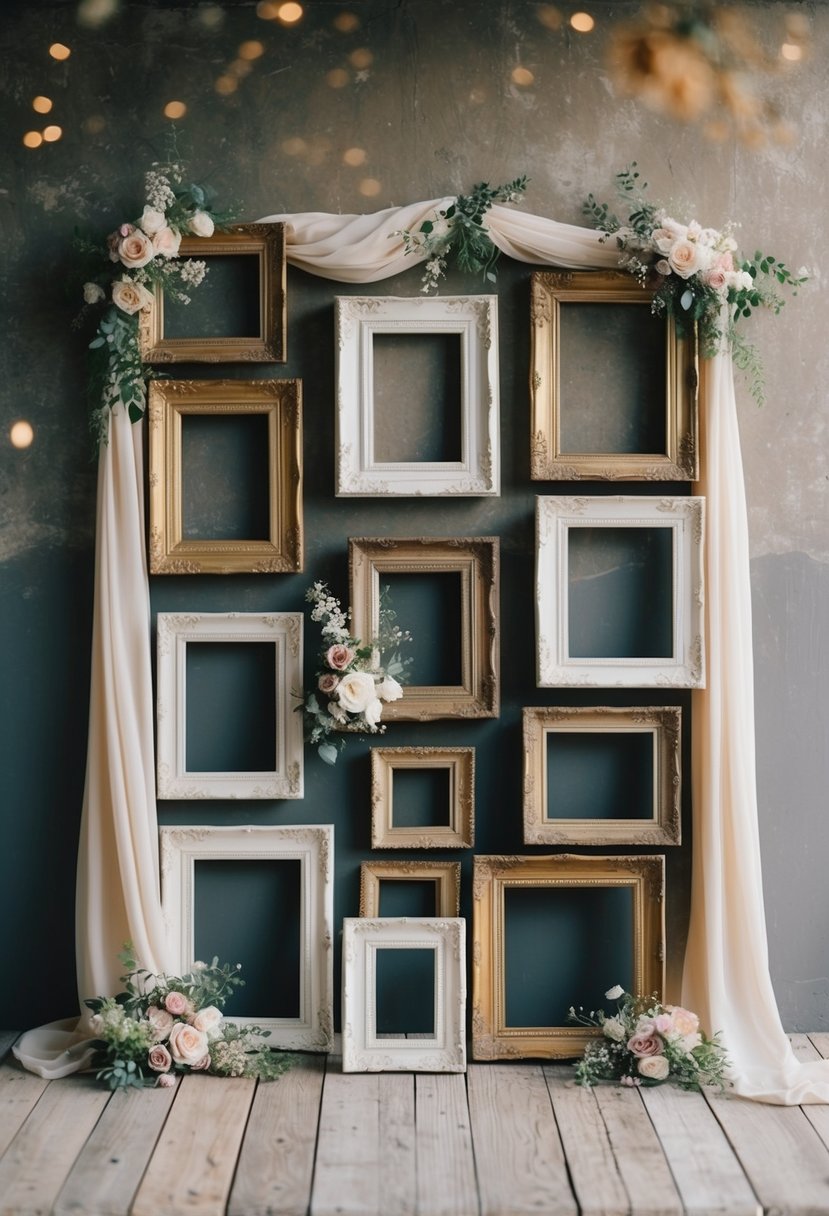 An assortment of vintage frames arranged against a rustic backdrop, adorned with delicate florals and draped with soft fabric