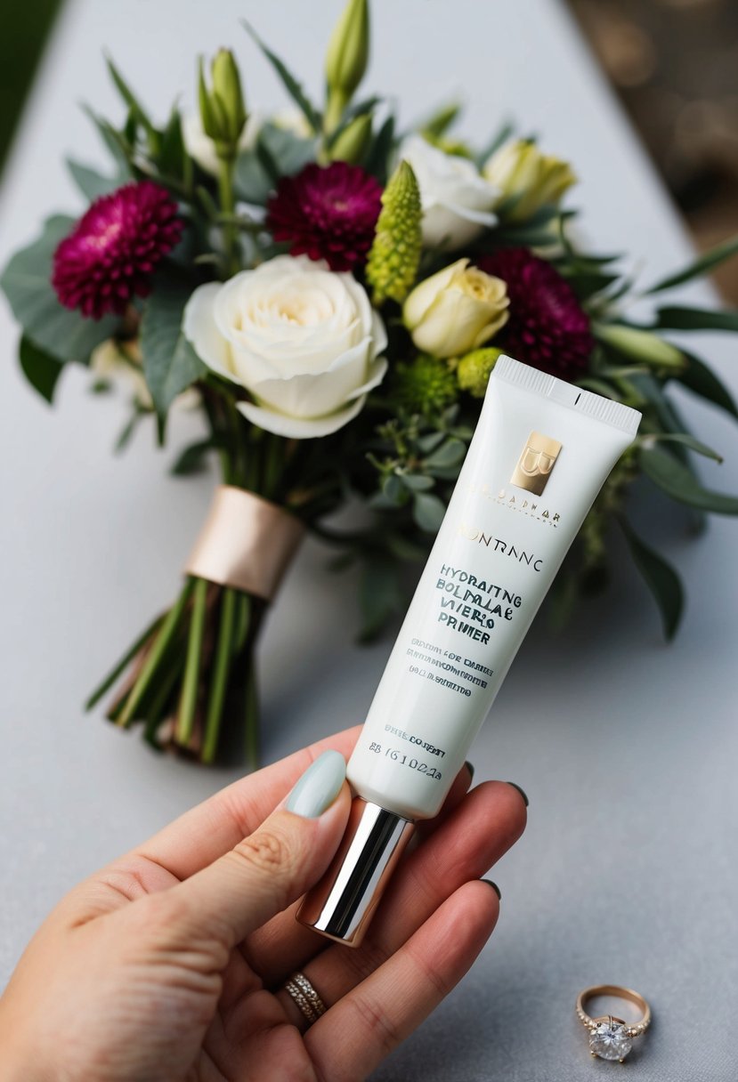 A hand holding a tube of hydrating primer next to a bouquet of flowers and a wedding ring