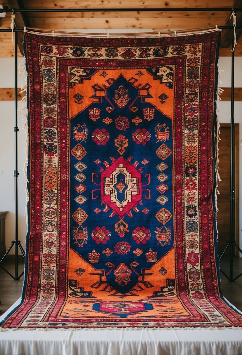 A bohemian rug display hangs as a wedding backdrop, adorned with vibrant colors and intricate patterns, creating a DIY-inspired scene