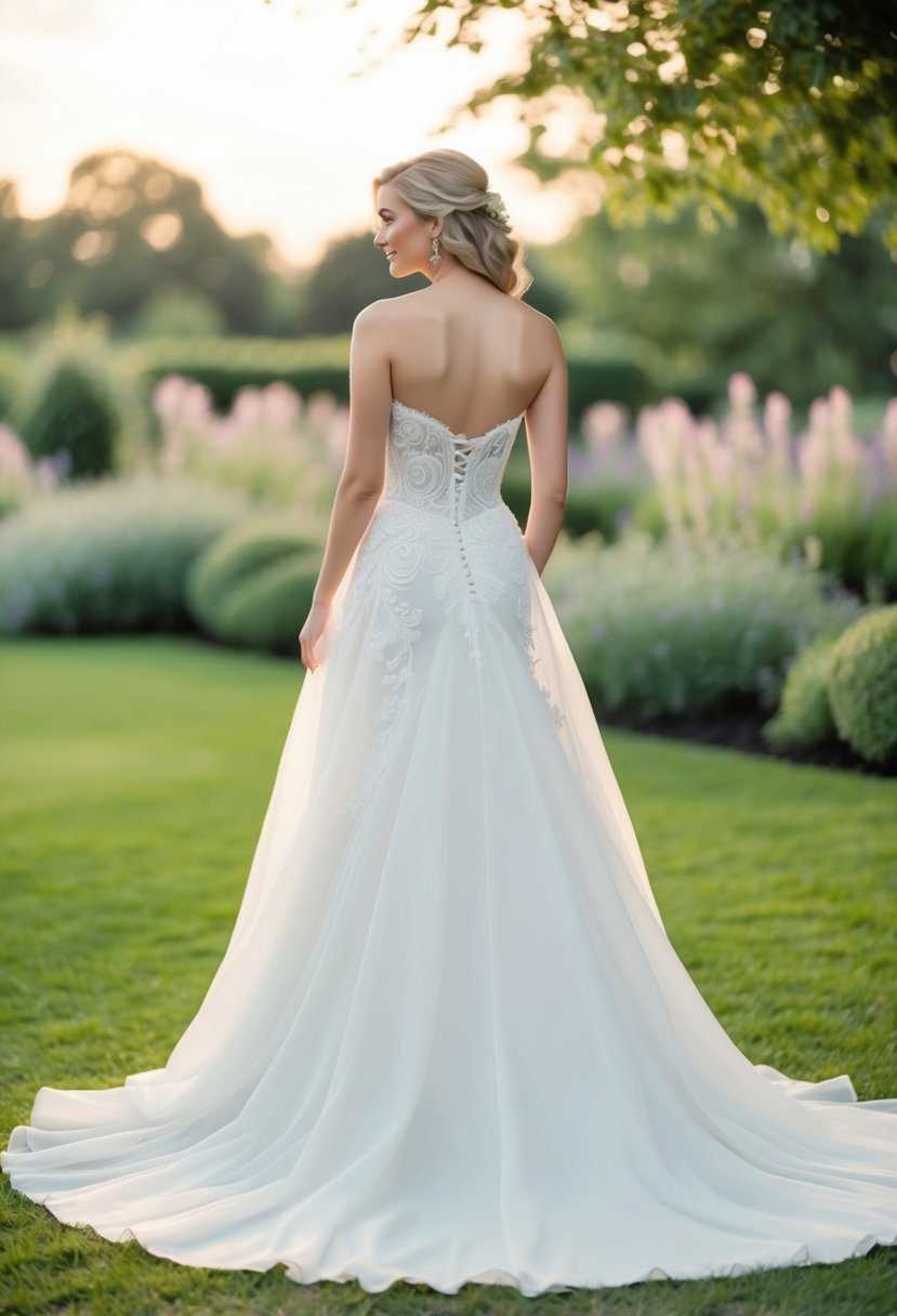 A strapless, flowing wedding dress with intricate lace detailing and a long train, set against a romantic garden backdrop