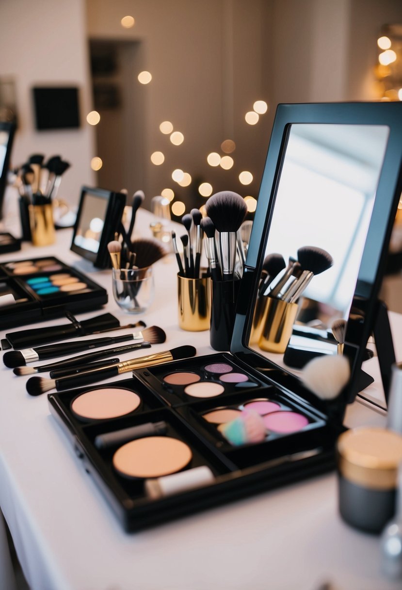 A makeup artist's table with various brushes, palettes, and mirrors set up for a wedding makeup trial