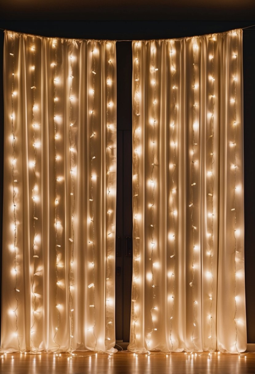 A curtain of string lights creates a romantic backdrop for a DIY wedding