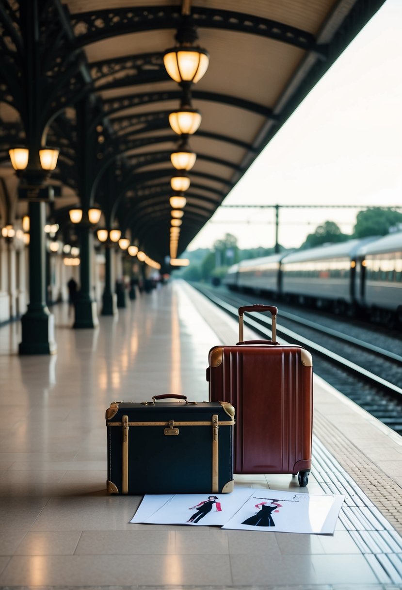 A luxurious train station platform with elegant fashion sketches and vintage luggage