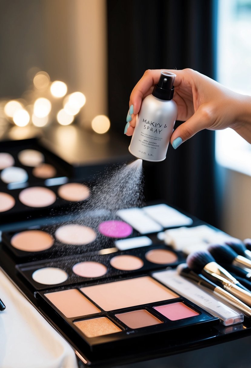 A makeup artist sprays setting spray over a finished bridal makeup look on a makeup table