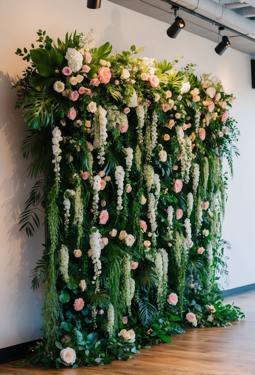 A large floral wall installation with cascading greenery and vibrant blooms creates a stunning backdrop for a wedding ceremony or photo booth