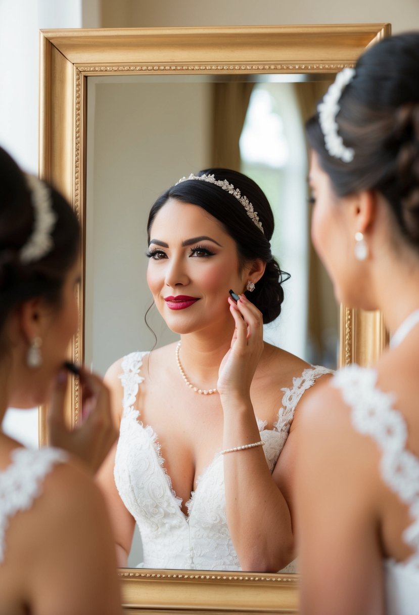 A bride applying a natural lip color in front of a mirror on her wedding day