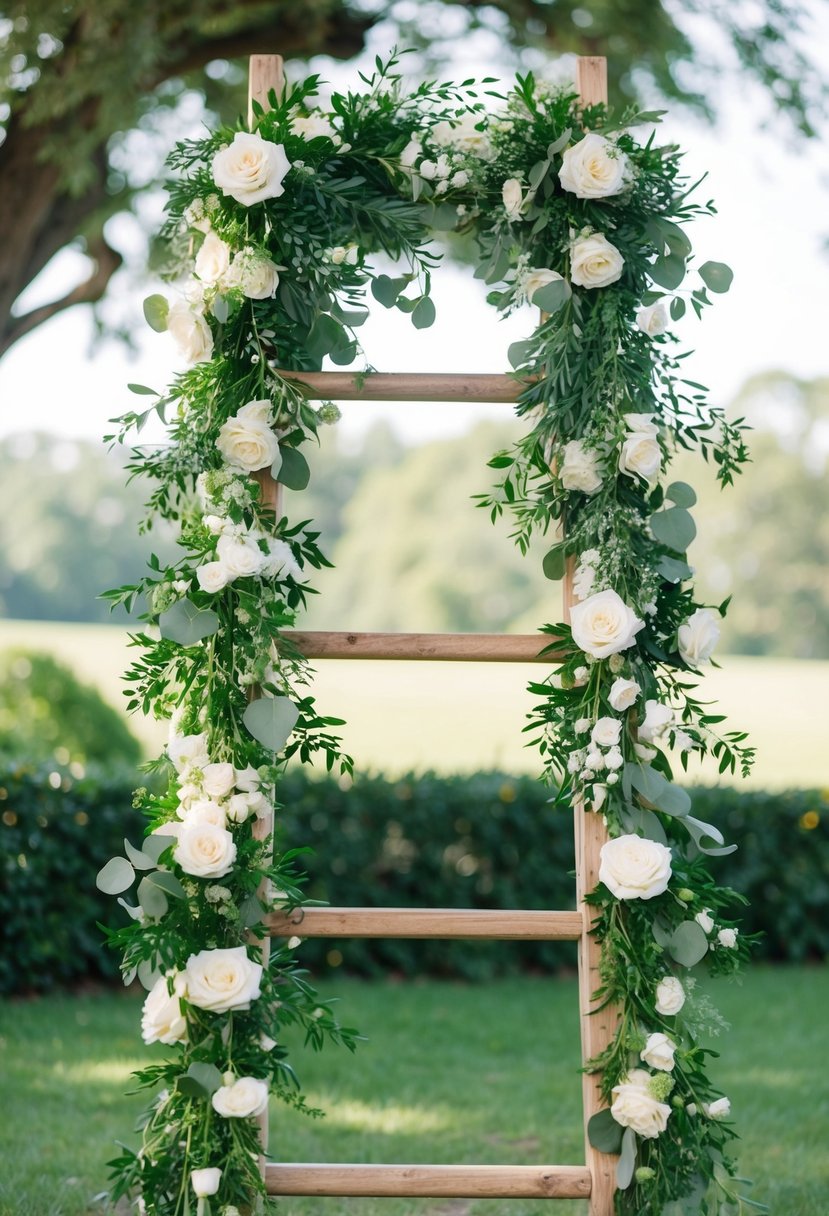 A wooden ladder adorned with lush greenery and flowers, creating a beautiful wedding backdrop