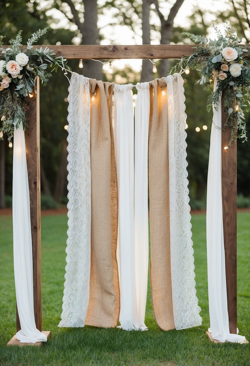 Burlap and lace drapes hang from a wooden arch, adorned with flowers and twinkling lights, creating a rustic and romantic wedding backdrop