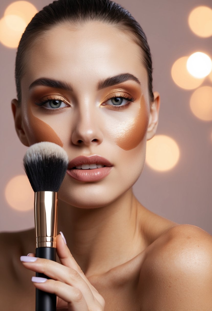 A makeup brush applying matte bronzer to define cheekbones and jawline