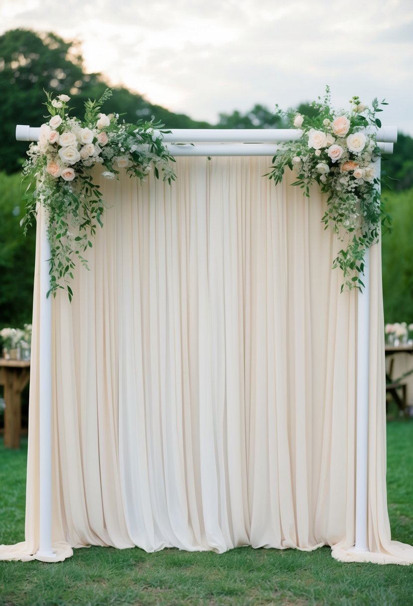 A PVC pipe wedding backdrop stands against a rustic outdoor setting, adorned with delicate florals and draped fabric