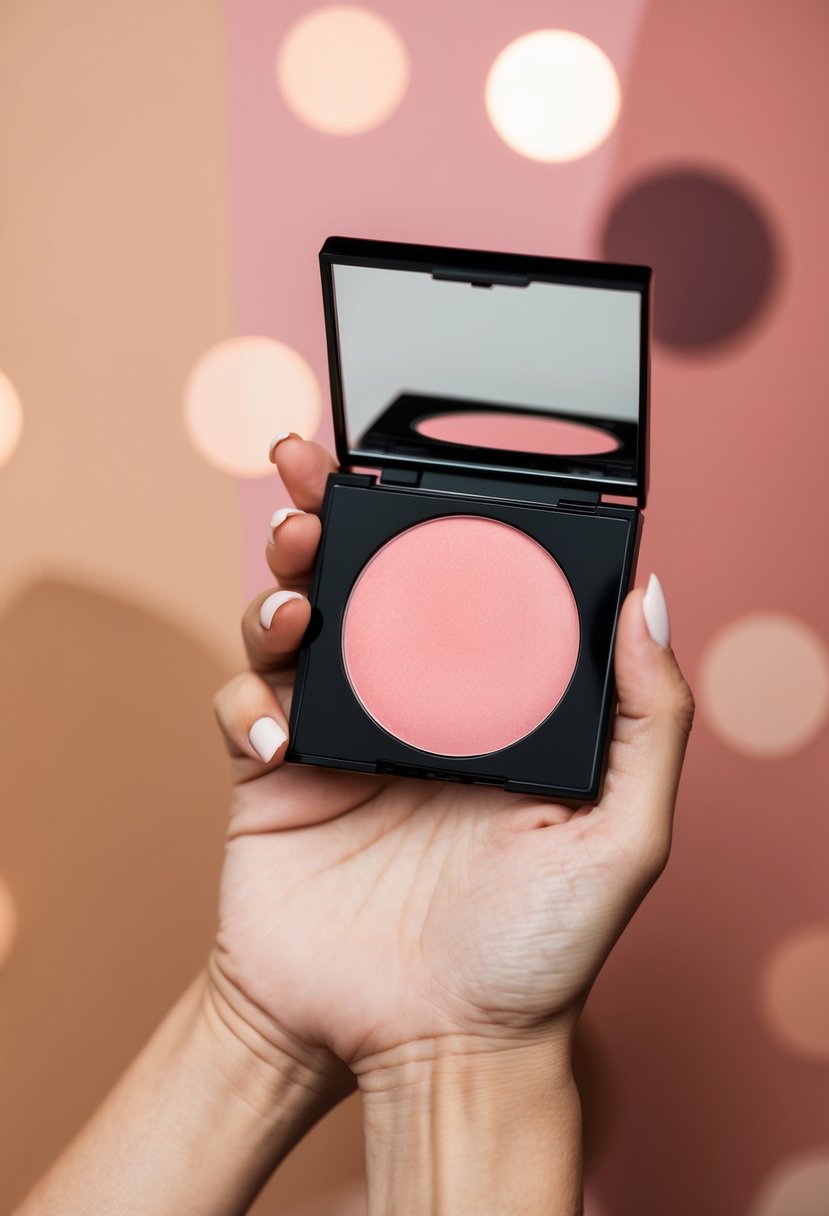 A woman's hand holding a palette of soft pink blushes against a backdrop of various skin tones