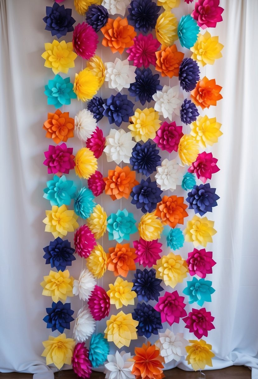 A colorful array of paper flowers arranged in a cascading pattern against a white backdrop, creating a vibrant and whimsical wedding decoration