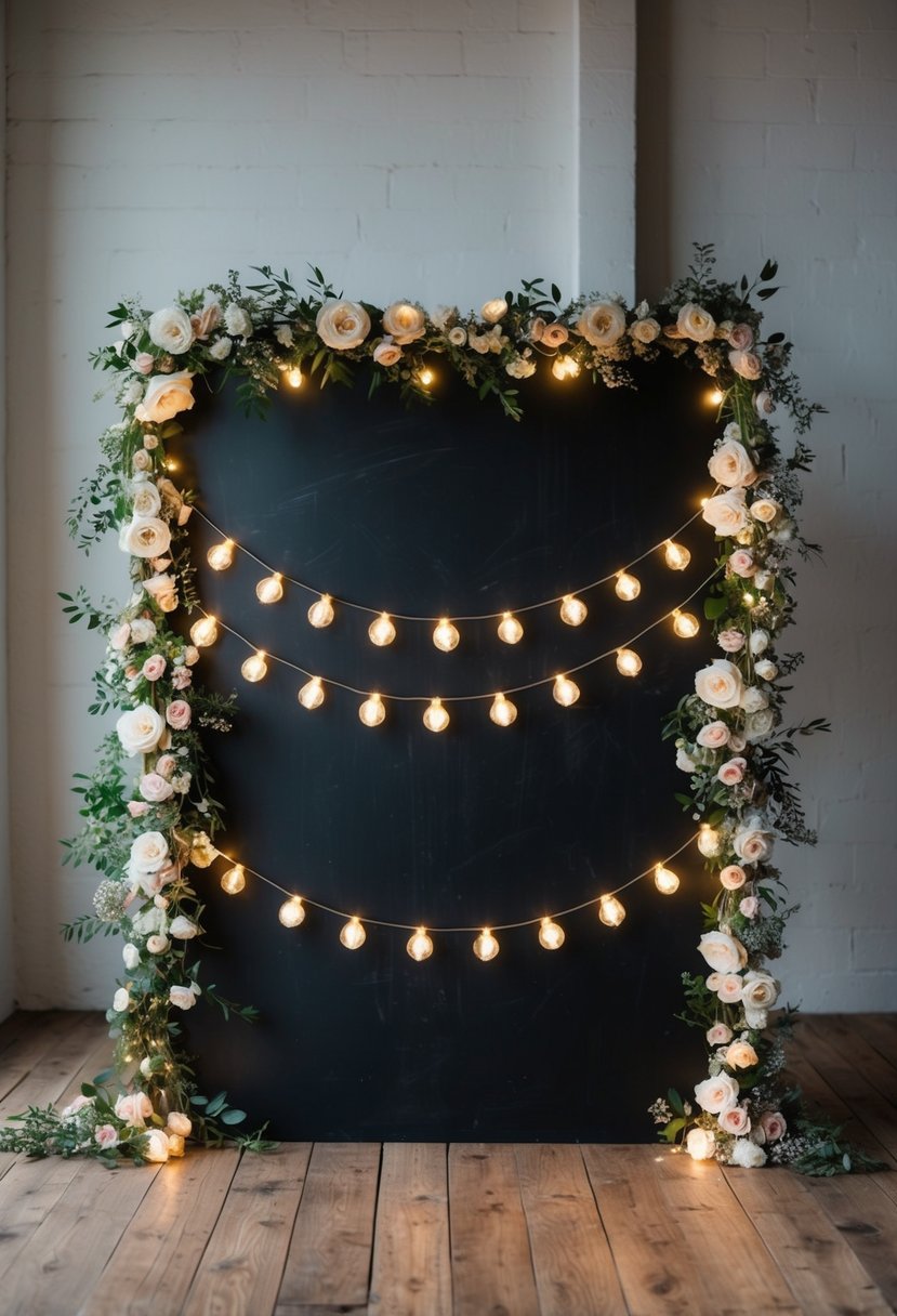 A rustic chalkboard backdrop adorned with floral garlands and twinkling lights, creating a romantic atmosphere for a wedding celebration