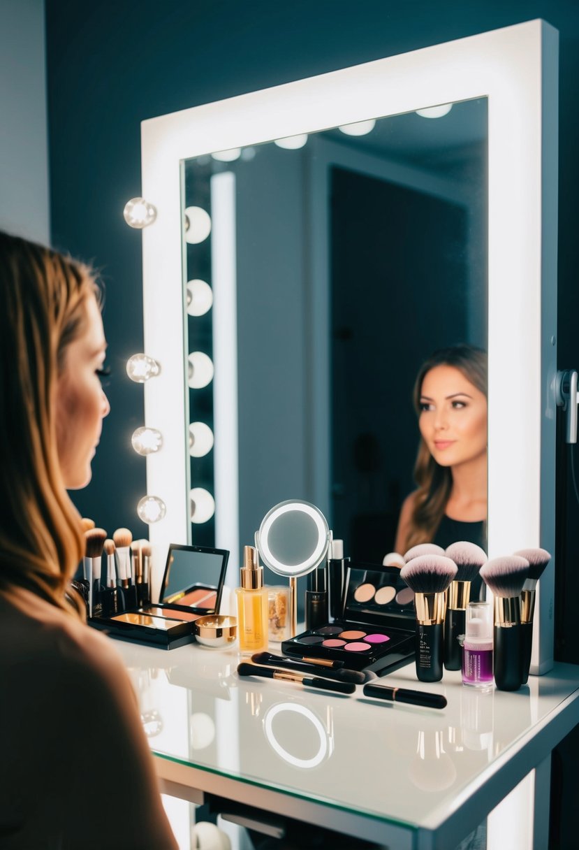 A makeup table with a mirror and various light sources, casting different hues and intensities on the makeup products and tools