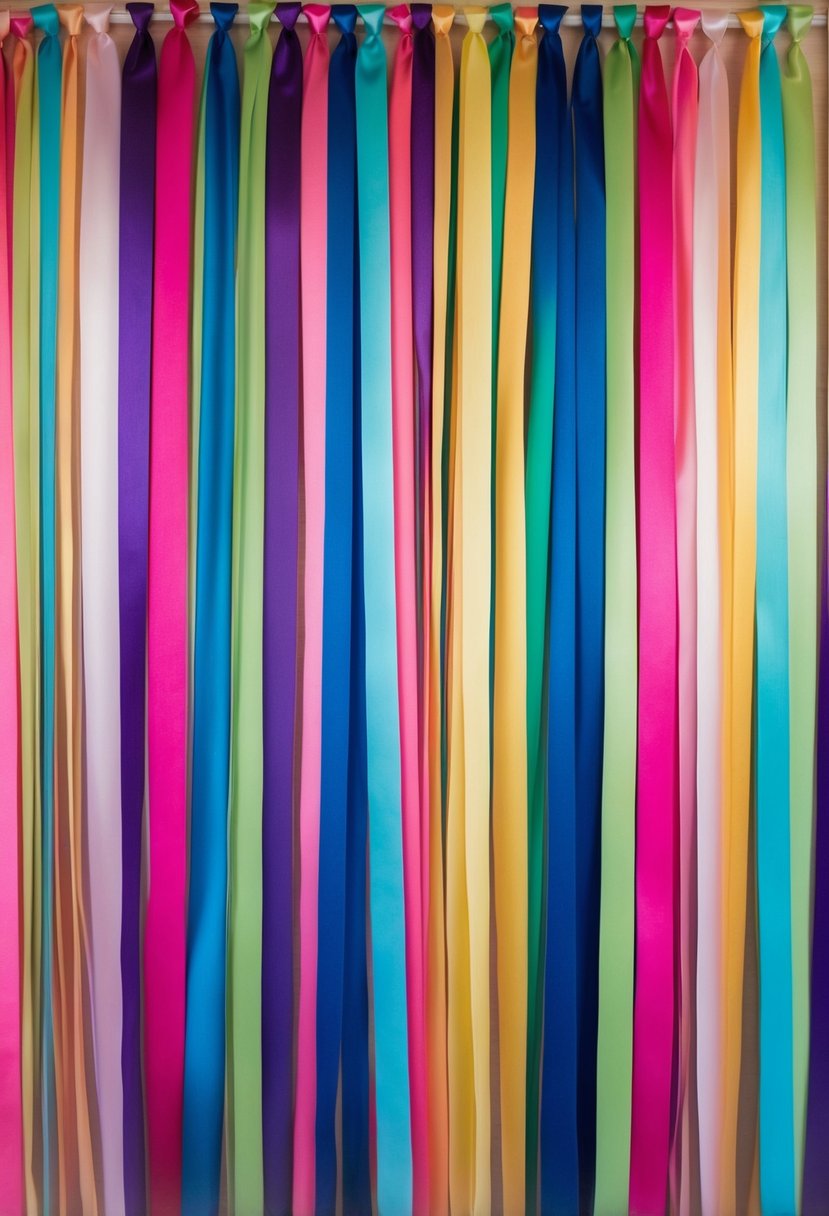 A vibrant wall of cascading ribbons in various colors and lengths, creating a lively and festive backdrop for a wedding celebration