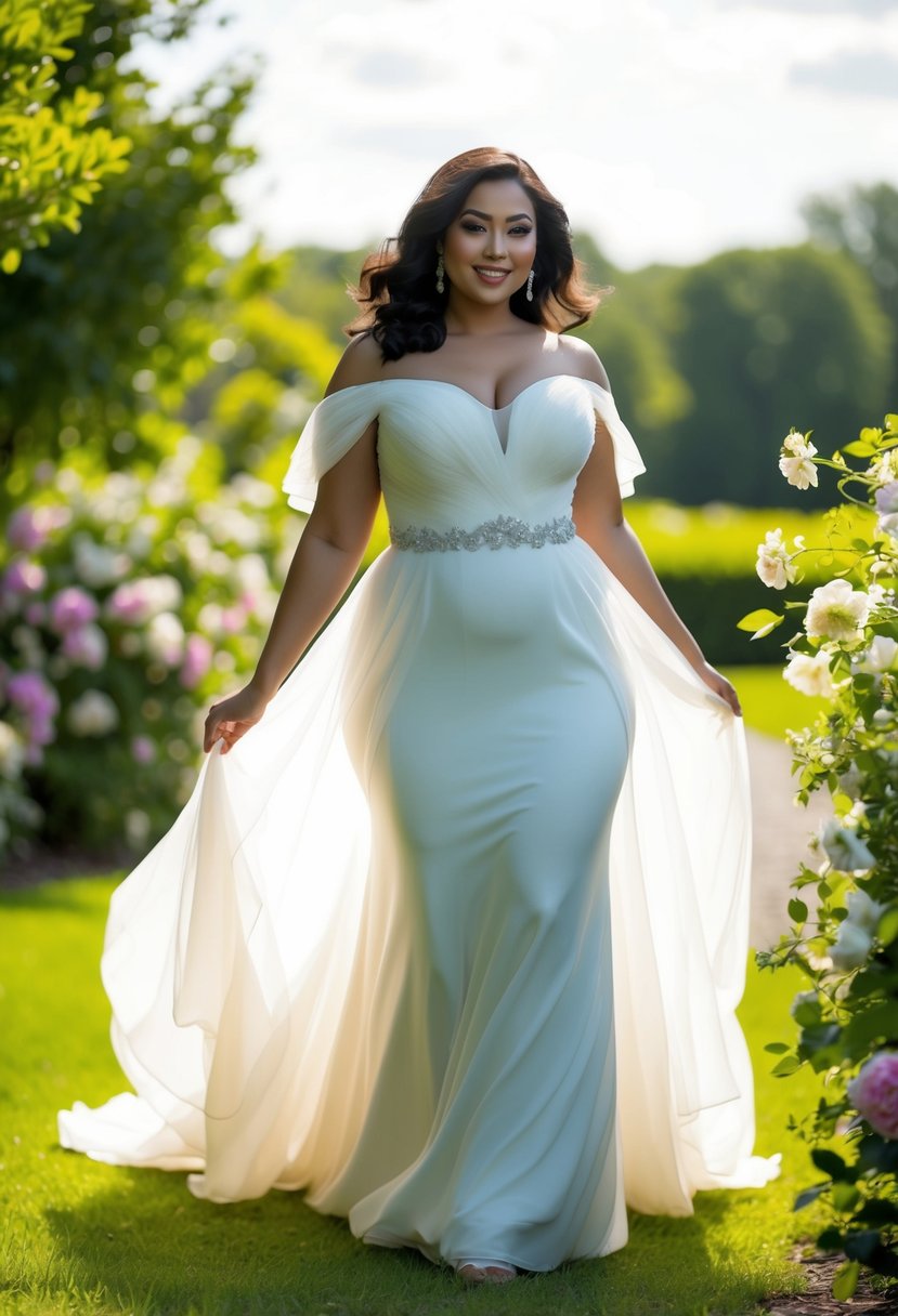 A curvy bride in a flowing, off-the-shoulder gown, surrounded by lush greenery and blooming flowers