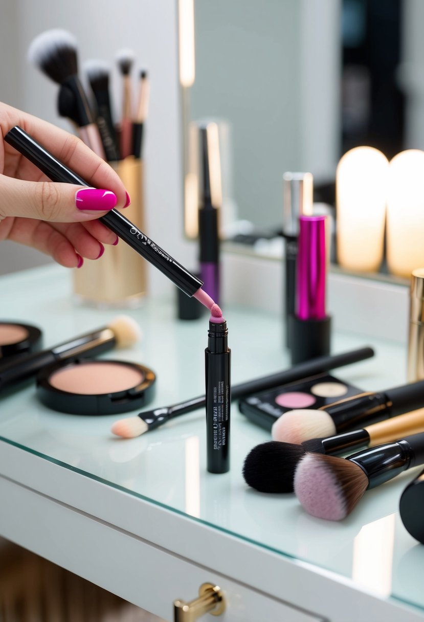 A close-up of a set of lips being lined with a lip liner, surrounded by various makeup products and brushes on a clean, well-lit vanity