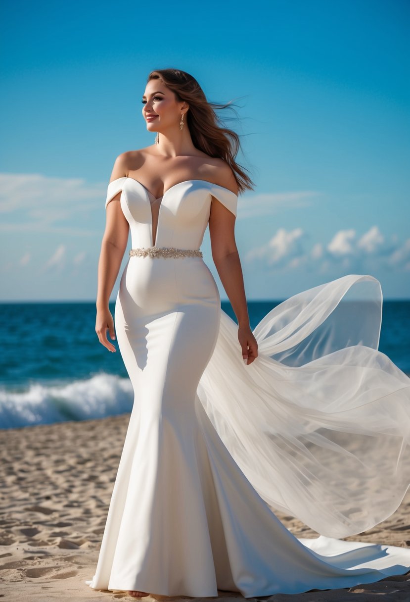 A mermaid silhouette wedding dress with an off-shoulder neckline, tailored for curvy brides, flowing in the ocean breeze