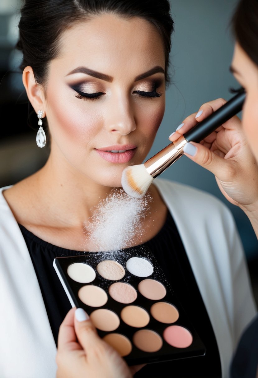 A makeup artist delicately dusts translucent powder over a bridal palette