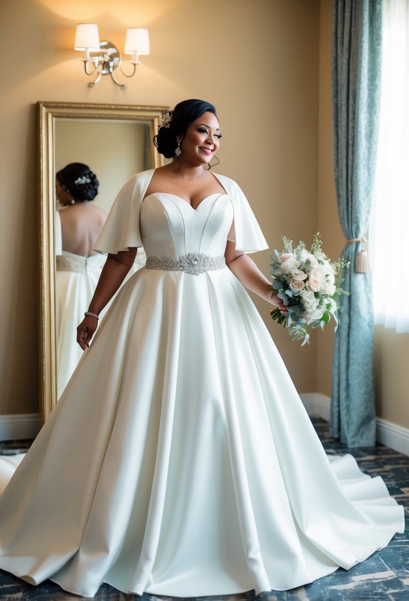 A curvy bride wearing a ball gown dress with a flowing cape accessory, standing in front of a mirror with a bouquet of flowers