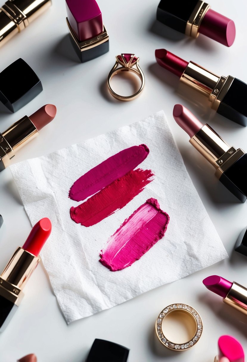 A lipstick smudge on a white tissue, surrounded by various lipstick shades and a wedding ring