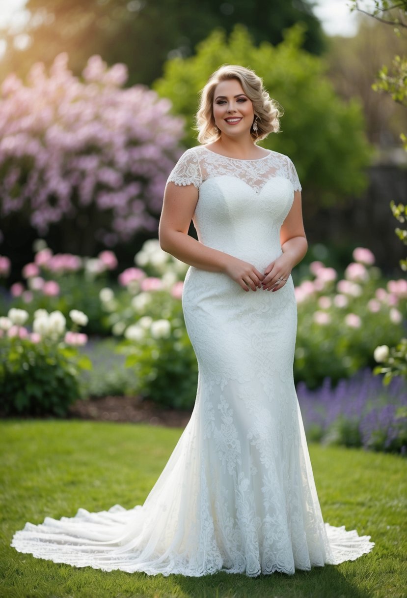 A curvy bride in a romantic lace dress with short sleeves, standing in a garden with blooming flowers and a soft, dreamy atmosphere