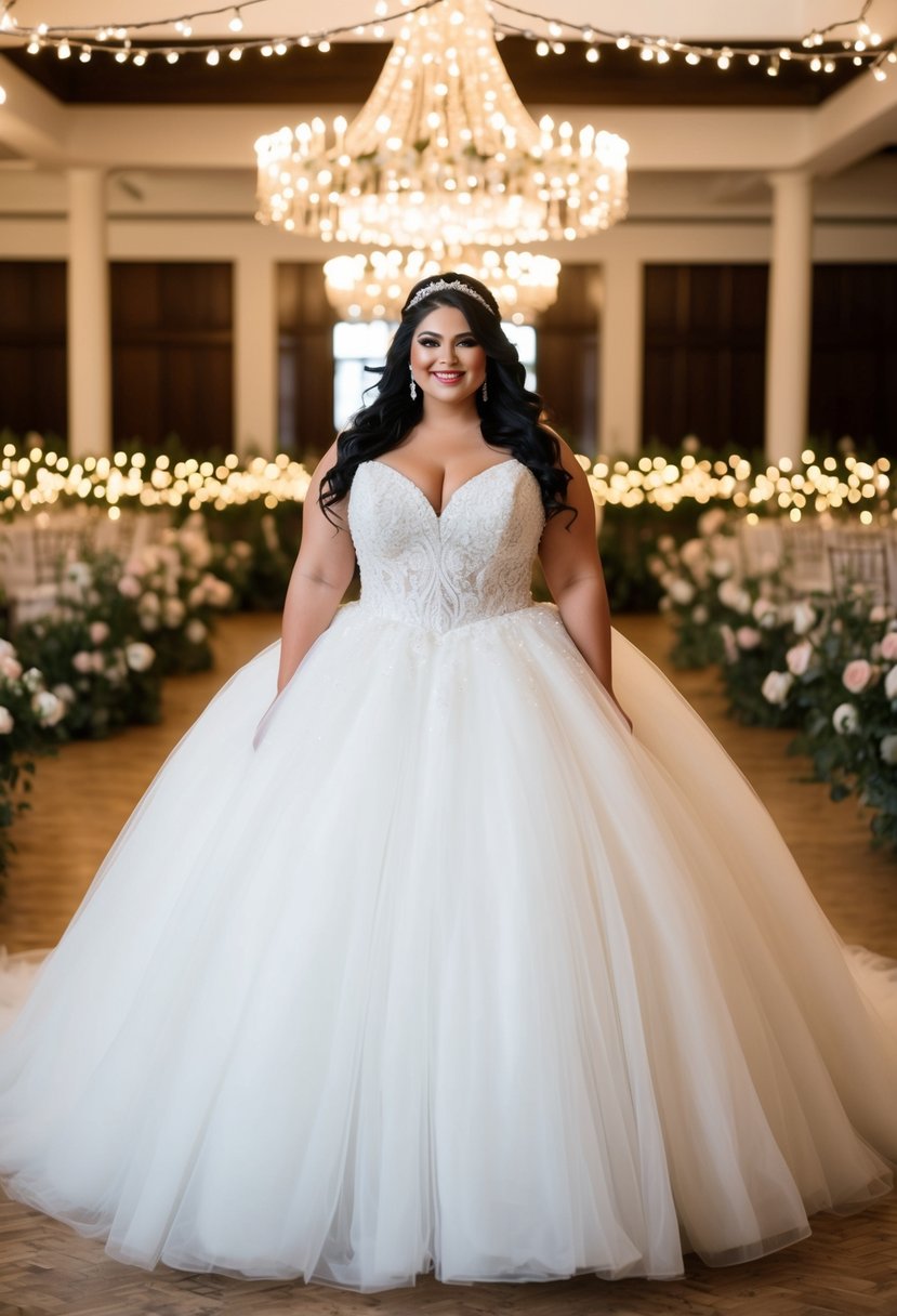 A curvy bride in a voluminous ball gown, surrounded by flowers and twinkling lights at a timeless wedding venue