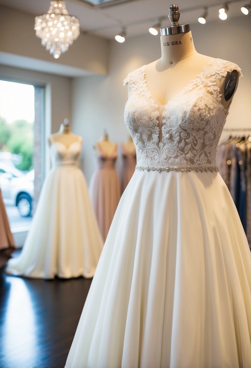 An elegant A-line wedding dress with a lace bodice, designed for curvy brides, displayed on a mannequin in a softly lit bridal boutique