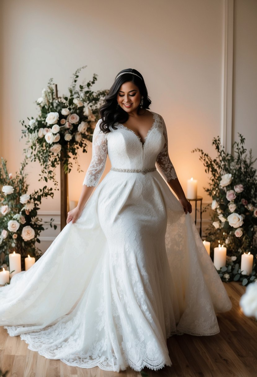 A curvy bride twirls in a lace fit and flare wedding dress, surrounded by elegant floral arrangements and soft candlelight