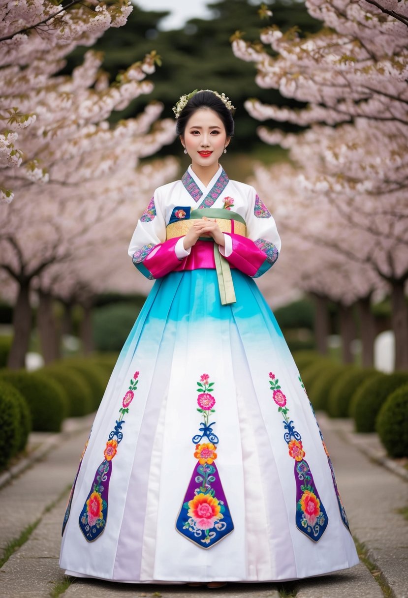 A bride in a traditional Korean hanbok, with vibrant colors and intricate embroidery, standing in a serene garden surrounded by cherry blossoms