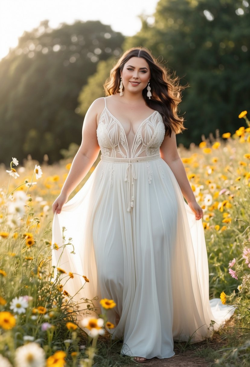 A curvy bride in a bohemian chic plus size gown, surrounded by wildflowers and flowing fabric, with a relaxed and natural atmosphere