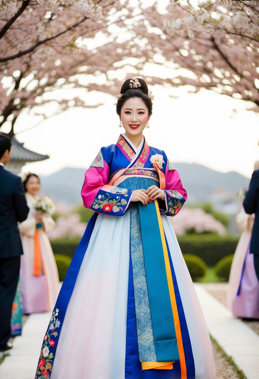 A modern twist on traditional Hanbok, featuring vibrant colors and intricate embroidery, set against a backdrop of cherry blossoms and a traditional Korean wedding ceremony