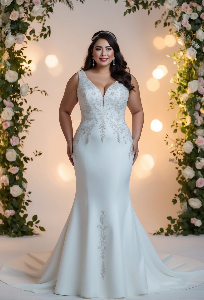 A curvy bride stands in a sheath dress with delicate embroidery, surrounded by soft lighting and floral accents