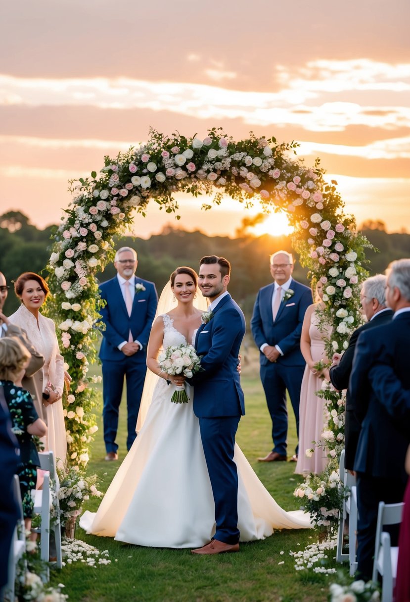 A bride and groom stand beneath a floral arch, surrounded by guests. The sun sets behind them, casting a warm glow over the scene