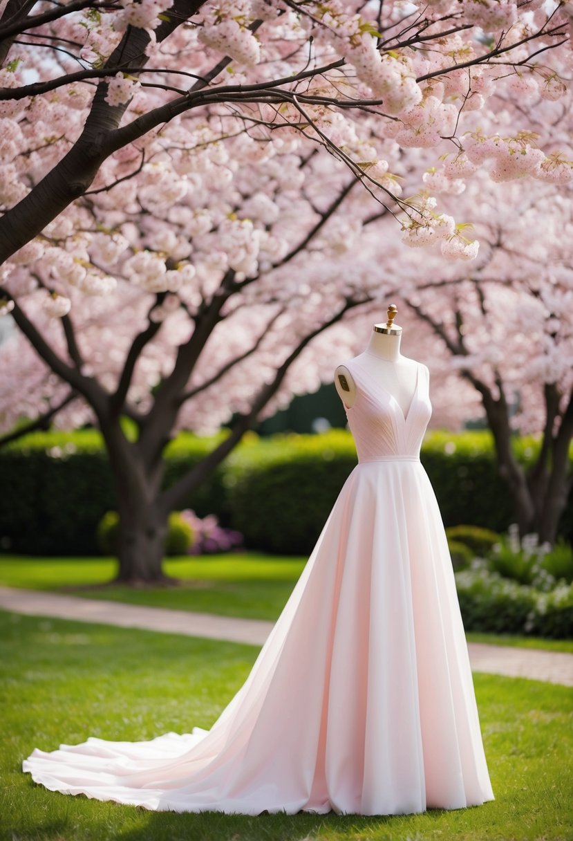 A serene garden setting with cherry blossom trees in full bloom, with a delicate A-line gown in pastel hues as the focal point