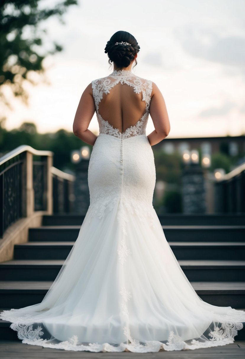 A curvy bride stands in a high back wedding dress, adorned with delicate lace and a flowing train