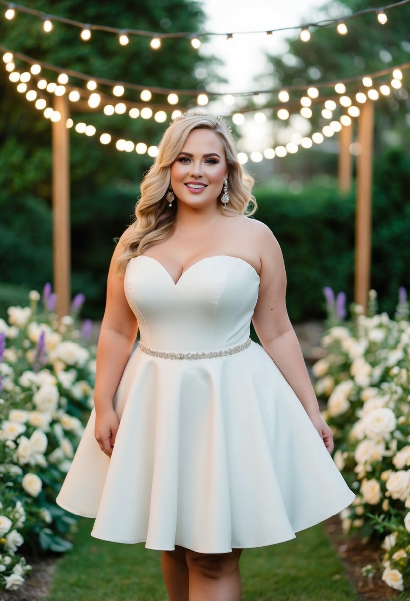 A curvy bride in a simple, cute, short gown, surrounded by flowers and twinkling lights in a romantic garden setting