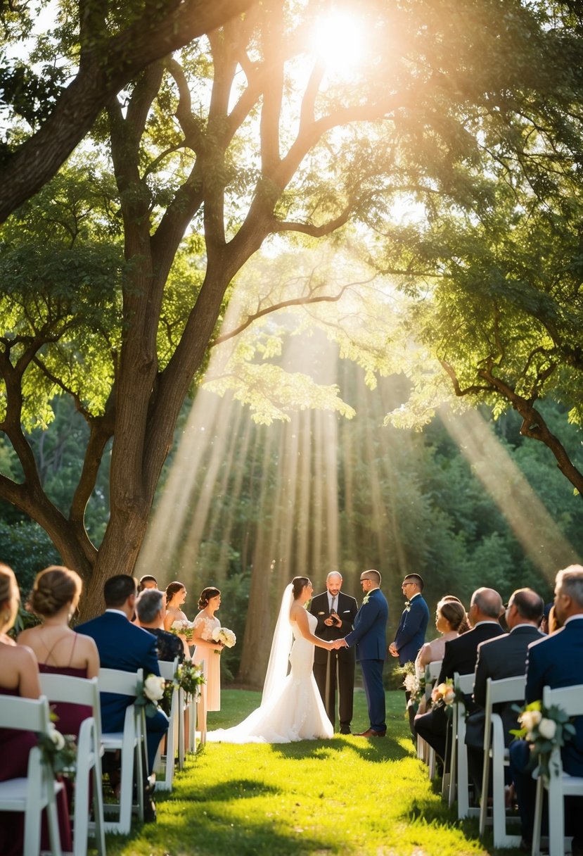 Sunlight streaming through a canopy of trees onto an outdoor wedding ceremony, casting a warm and romantic glow over the natural setting